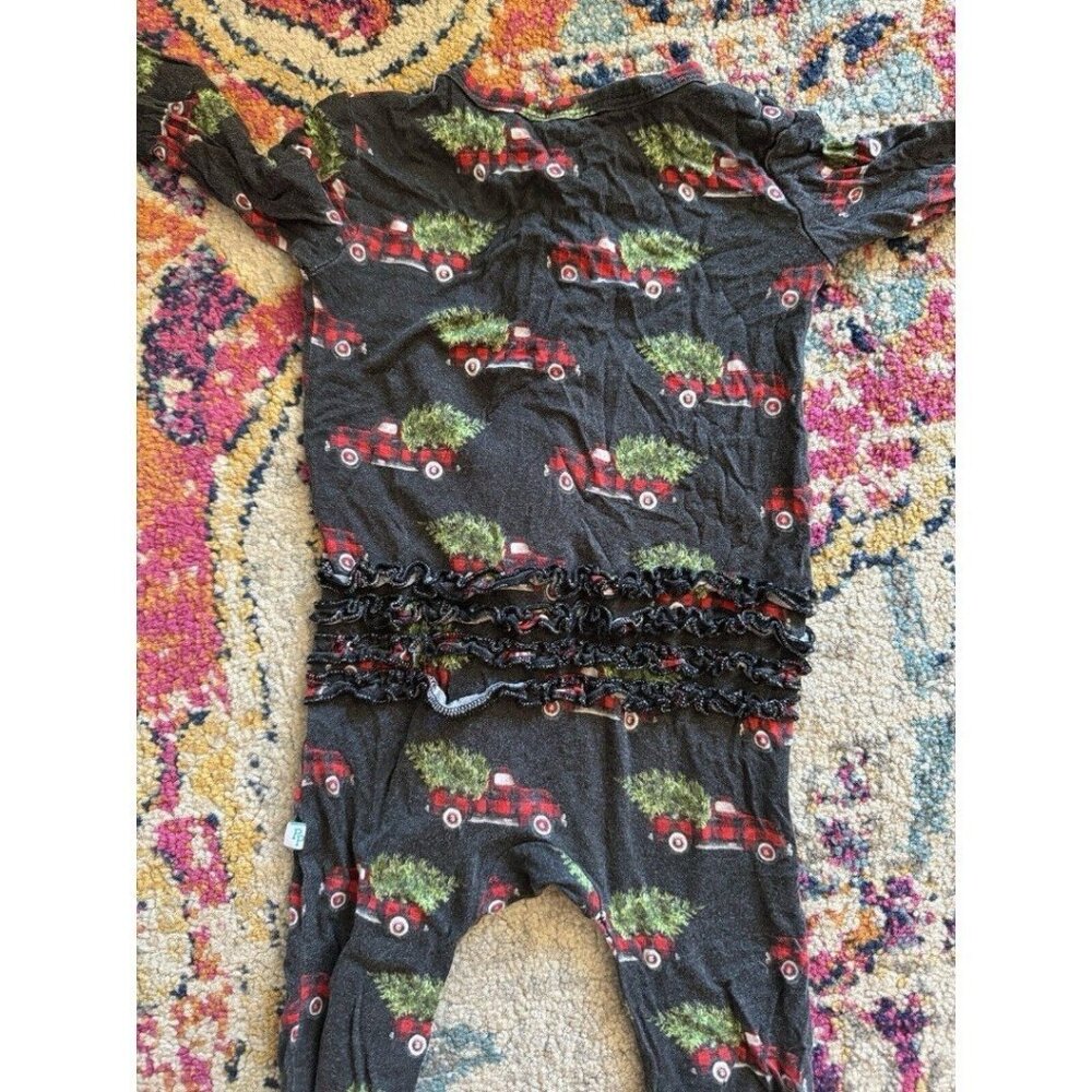 Posh peanut Christmas trucks and trees butt ruffle Footie jammies size 9-12 mp